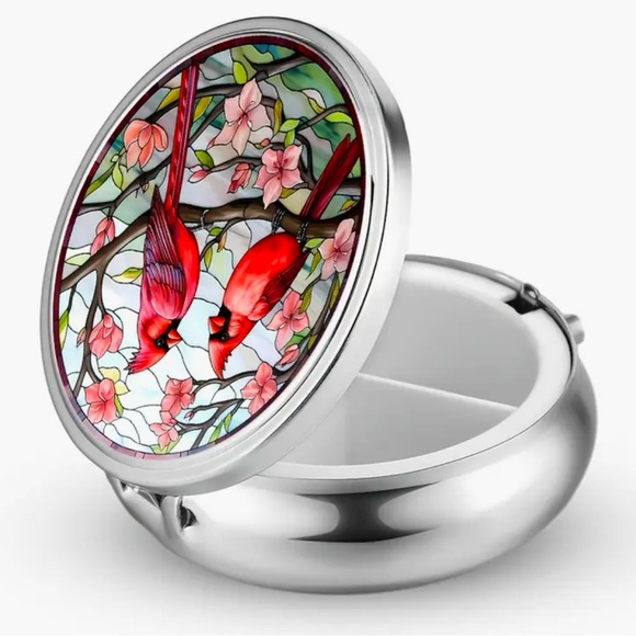 2 Cardinal Stained Glass Style Pill Box. 2" X .7” Three Compartments. NWOT - Picture 5 of 8